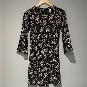 H&M Black Long-Sleeve Floral A-Line Dress with Pink and White Blooms